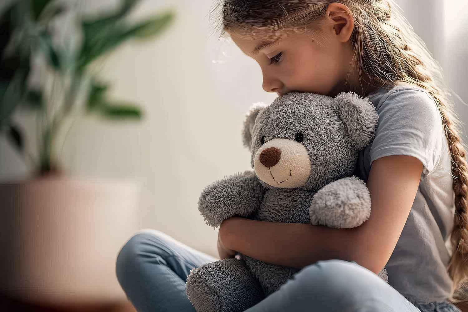 Trauriges Kind mit Teddybär